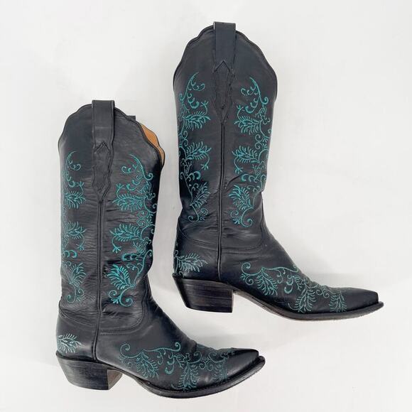 Lucchese Classics Black Metallic Teal Stitching Western Cowgirl Boot size 6.5 - Picture 3 of 11